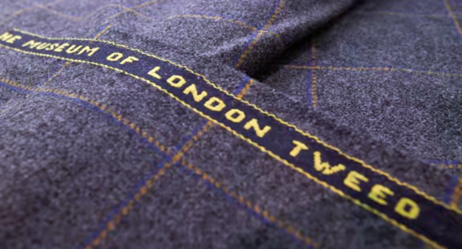 a screenshot showing some grey, blue and yellow tweed from the Museum of London