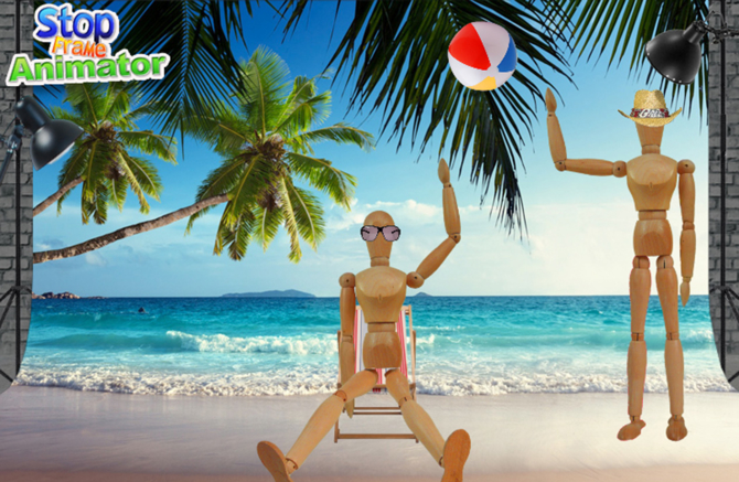 Two wooden artists manikins are shown in front of a tropical beach background. One is seated in a deckchair with sunglasses on while the other is standing, posed as if it had just hit a beach ball in the air. 