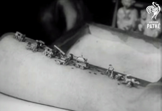 A screenshot showing a flea circus on a man's arm