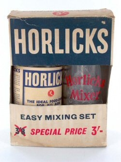 Jar of Horliks and Horlicks Mixing Jug contained within cardboard packaging with the words, 'Horlicks Easy Mixing Set'