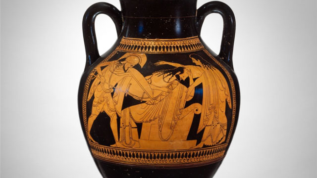 A red figure grecian vase with the figure on the left stabbing the seated middle figure with a sword whilst another man looks on