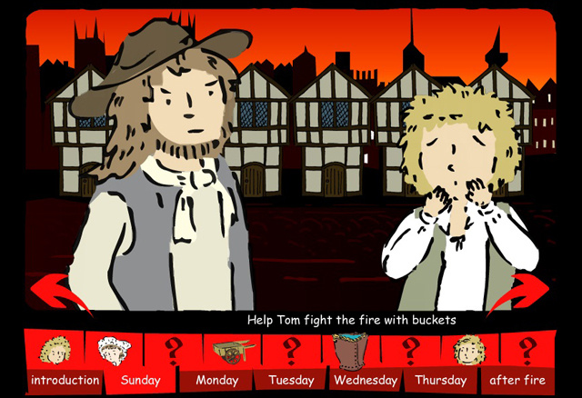 A screenshot showing two people in front of a London skyline from 1666