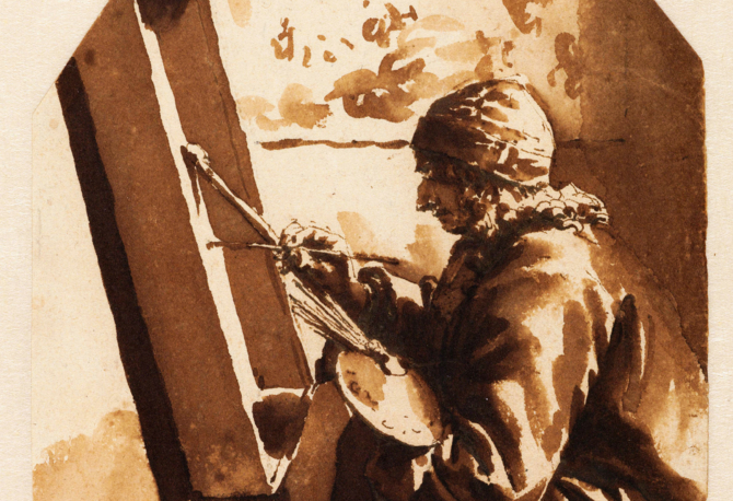 A painting showing a painter at his easel