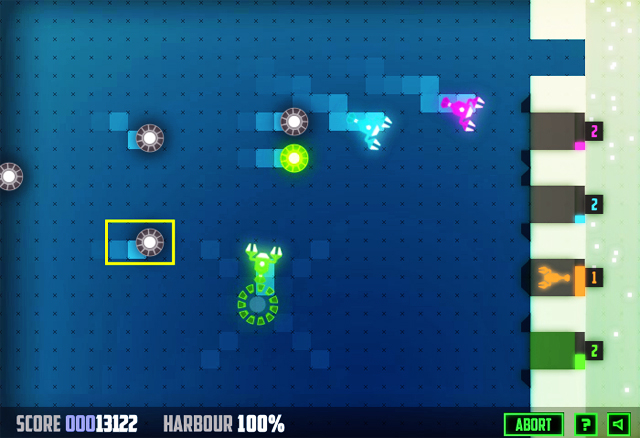 A screenshot showing robo-lobsters defending a harbour from bombs.