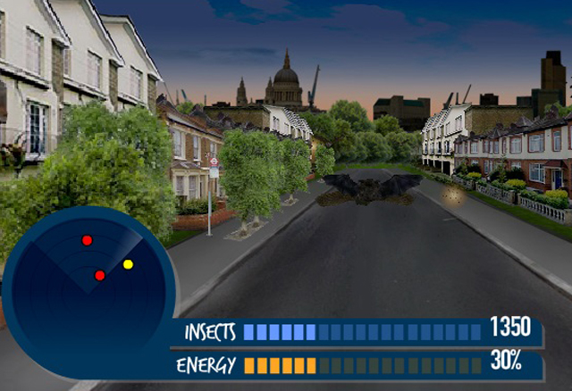 A screenshot showing a bat flying down a street