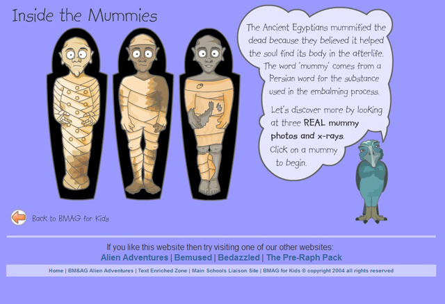 A screenshot showing three cartoon mummies