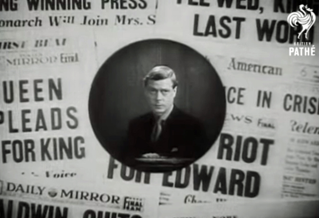 A black and white screenshot showing a portrait of Edward VIII in front of newspaper headlines