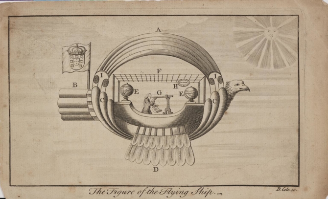 Engraving of fantastical drawing of a giant bird-like flying ship with a man inside, holding a telescope. 
