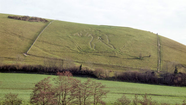 View of the Cerne Giant cut into the chalk on Giant Hill, Dorset