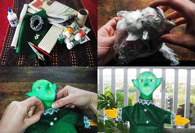 A collection of photographs that show how to make a puppet