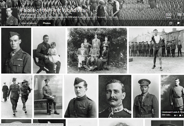 A screenshot showing the Faces of the First World War flickr page from IWM, with lots of black and white photos of soliders. 