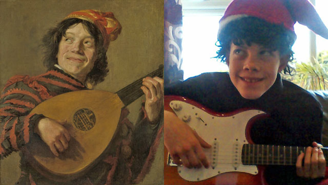 Image showing a painting of a man wearing a cap and playing a lute on the left side and on the right side a boy imitates the pose.